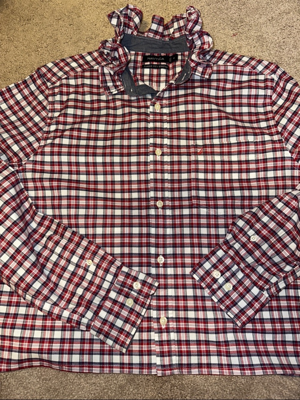 Nautica Men's Red Plaid ruffled collar Button-Down Shirt